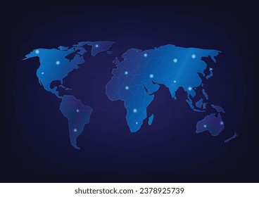 World map with nodes linked by lines. Easily transmit information across continents or cloud computing concept. Vector illustration.