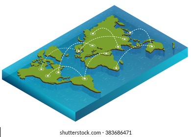 World map with nodes linked by lines.  World map 3D for infographics elements. Design information, business graph and chart. Vector illustration. 