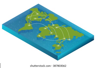 World map with nodes linked by lines.  For infographics elements. Design information, business graph and chart. Vector illustration. 