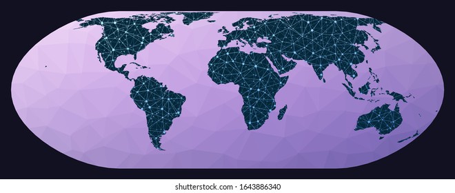 World map with nodes. Nell-Hammer projection. World network map. Wired globe in Nell-Hammer projection on geometric low poly background. Classy vector illustration.