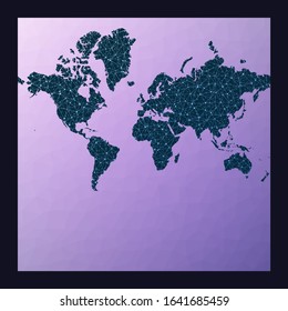 World map with nodes. Spherical Mercator projection. World network map. Wired globe in Mercator projection on geometric low poly background. Superb vector illustration.