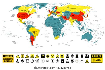 World map with Nuclear Power countries location on it and Nuclear Power technology icons with contamination signs.