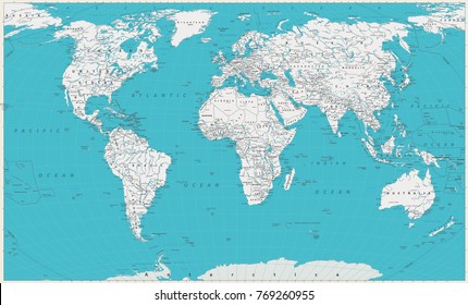 World Map. Old colors, borders, countries and cities. Detailed World Map vector illustration.