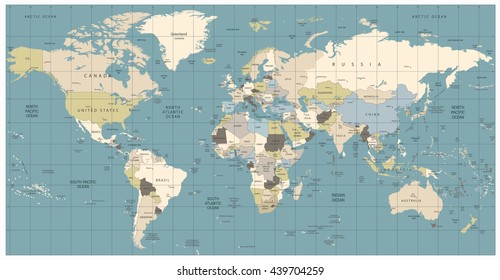 World Map old colors illustration: countries, cities, water objects. All elements are separated in editable layers clearly labeled.