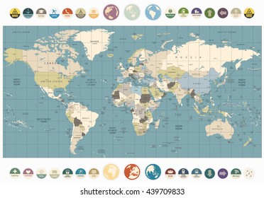 World Map old colors illustration with round flat icons and globes. All elements are separated in editable layers clearly labeled.
