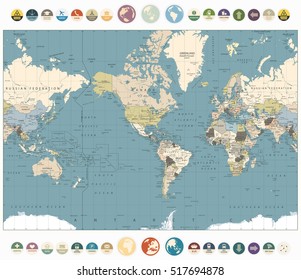 World Map Old Colors Illustration With Round Flat Icons And Globes.America Centered World Map. All Elements Are Separated In Editable Layers Clearly Labeled.