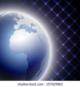 World map on Abstract neon light background vector illustration