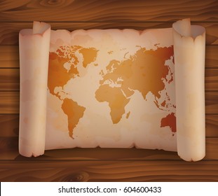World map on ancient horizontal scroll paper. Old travel label for treasure hunt, vintage manuscript or antique document, rolled papyrus or vintage curled page, parchment. History and tourism theme