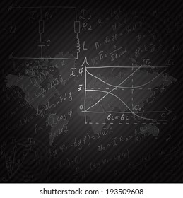 World map on the background of mathematical equations and formulas - illustration