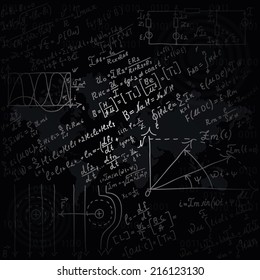 World map on the background of mathematical equations and formulas - illustration