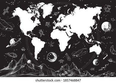 World map on a black background with space elements