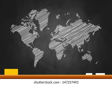 World map on blackboard 