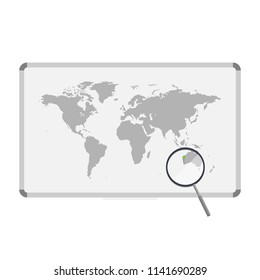 World map on blank white board. Geography. Education. Magnifier and pin. Vector isolated  illustration.