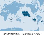 World Map on blue background with Antarctica. Geographical map with the name of the continents. The Great Pacific Garbage Patch.