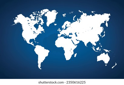 World map on blue background. Continent land islands straits bays archipelagos lakes geography location isolated vector illustration