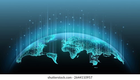 World map on blue background. Earth globe, global network, digital universe, virtual internet connection, world communication, future planet concept, line connected, metaverse icon.