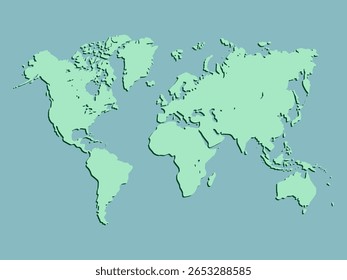 Mapa do mundo sobre um fundo azul. Ilustração Vetor EPS10 com uma imagem volumétrica dos continentes no mapa de mundo em um estilo simples, para criar mapas de mundo elegantes e informativos