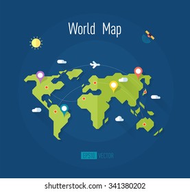world map on blue background with marks ways pointers satellite airplane sun and clouds - vector illustration