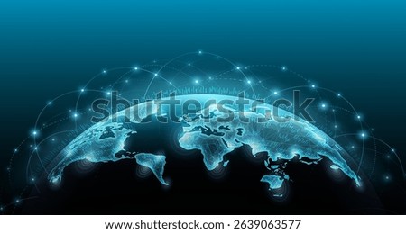 World map on blue background. Earth globe, global network, digital universe, virtual internet connection, world communication, future planet concept, line connected, metaverse icon.