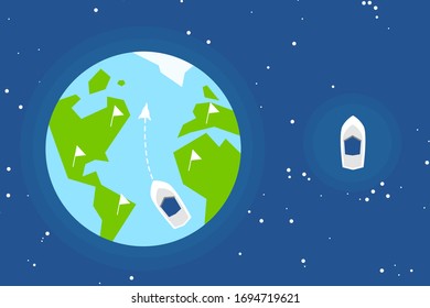 Mapa mundial del cielo azul y el barco de línea 
