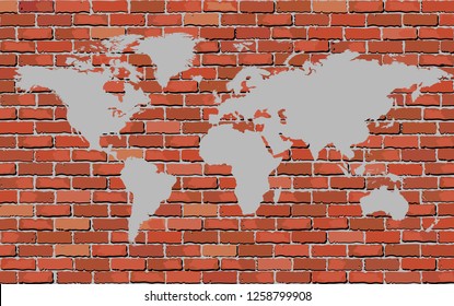 World map on a brick wall - Illustration,  
Brick wall texture background Soft tone gray color with world map, 
Abstract brick world map on the wall