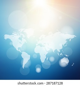 World map on a bright blue sky bokeh blurry background,vector,illustration