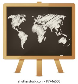 World Map On Classroom Blackboard/ Illustration of an outlined flat world map with chalk on a wood blackboard