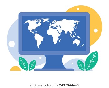 World map on computer display. Background with monitor. Vector graphics