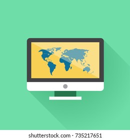 World map on computer display. Vector illustration. 
