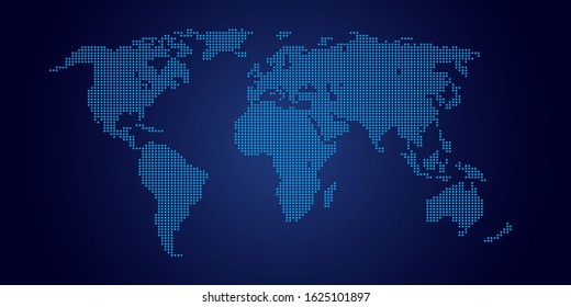 World map on dark blue background in vector.