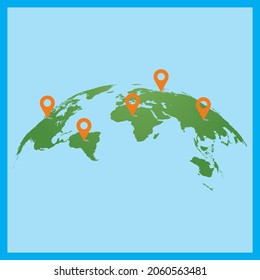 World Map on Earth Globe with Location Vector Background. Planet Earth Travel Map with Location Pin Vector Graphics, Poster, Banner, post, Card, Brochure, Icon, Logo. 