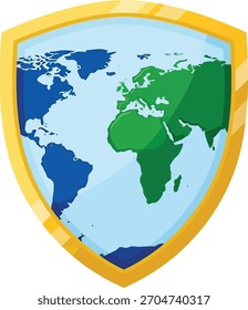 Mapa del mundo sobre escudo dorado aislado, un símbolo de protección y seguridad global