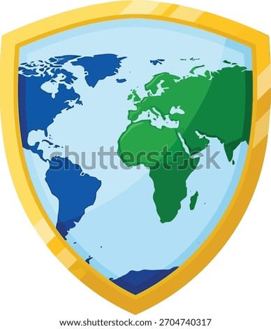 World map on golden shield isolated on, a symbol of global protection and security