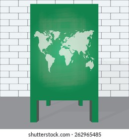 World map on green chalkboard.