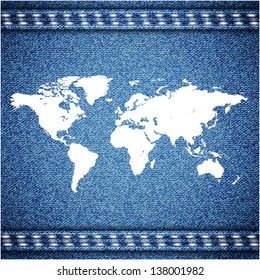 World map on jeans background texture. Vector.