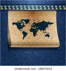 World map on jeans background texture. Vector.