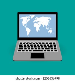 World map on a laptop. Earth. View. Vector illustration. Flat design of business financial marketing banking for advertising web concept cartoon illustration.