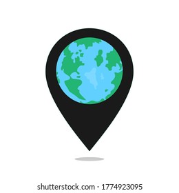 Mapa mundial en el pin localizado. Puntero de mapa aislado en una ilustración vectorial de fondo blanco.