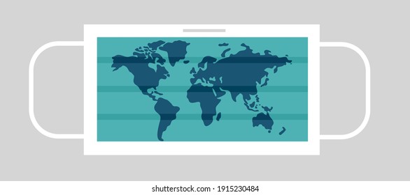 World map on medical face mask in flat design. Global covid19 Coronavirus pandemic outbreak. Healthcare prevention concept. 