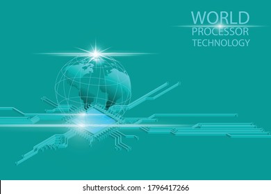 The world map on the mesh structure and isometric model of a premium computer processor. Concept of global technology development. Vector illustration.