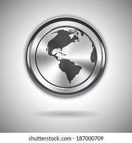 World map on metallic circle element. Vector illustration