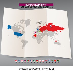 World map on old map and flags of different countries. You can select any country by color