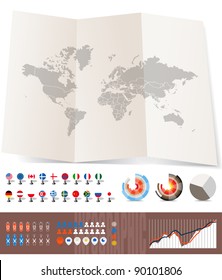 World map on old map and flags of different countries, diagrams and other signs. You can select any country by color