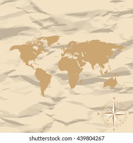 World Map on old vintage retro background with compass