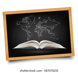 World map on open book on blackboard background. Vector illustration. Doodle