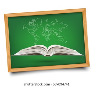 World map on open book on blackboard background. Vector illustration. Doodle