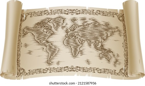 Mapa del mundo en un banner de papel o pergamino en un estilo vintage de carpintería grabado