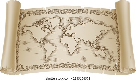 A world map on a paper scroll banner or parchment in a vintage woodcut engraved style svg
