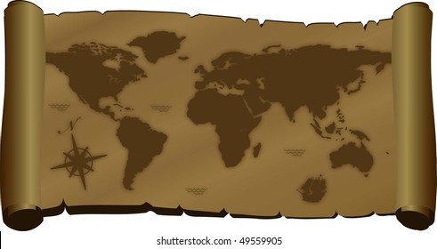 World map on parchment paper scroll