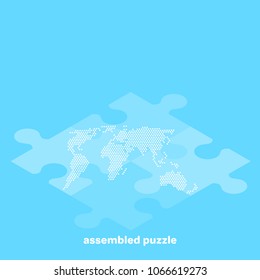 world map on puzzle pieces on a blue background, isometric image